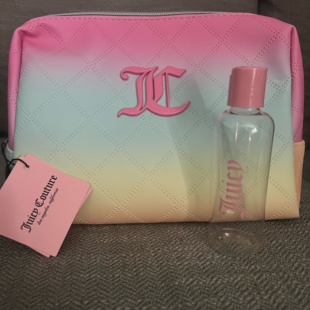 Juicy Couture Pink, Blue, Yellow Ombre Cosmetic Bag with Bottle.  NWT